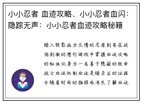 小小忍者 血迹攻略、小小忍者血闪：隐踪无声：小小忍者血迹攻略秘籍
