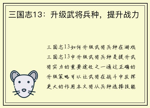 三国志13：升级武将兵种，提升战力