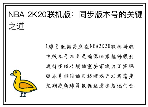 NBA 2K20联机版：同步版本号的关键之道