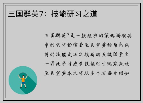 三国群英7：技能研习之道