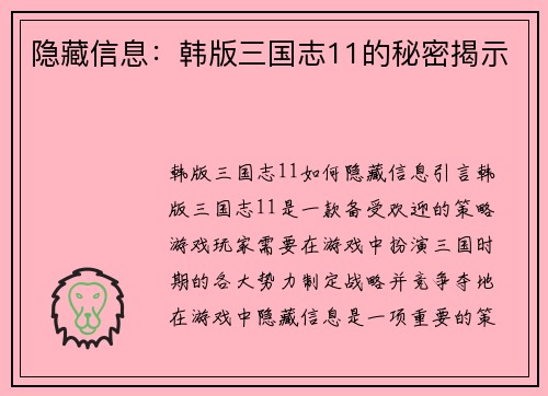 隐藏信息：韩版三国志11的秘密揭示