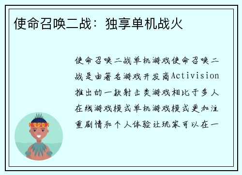 使命召唤二战：独享单机战火